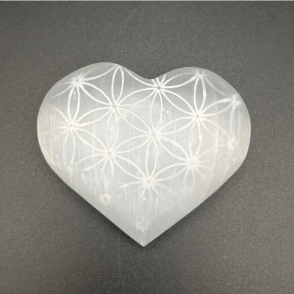 Selenite Jewelry - Selenite Satin Spar Celtic Weave Etched Hand Carved Heart